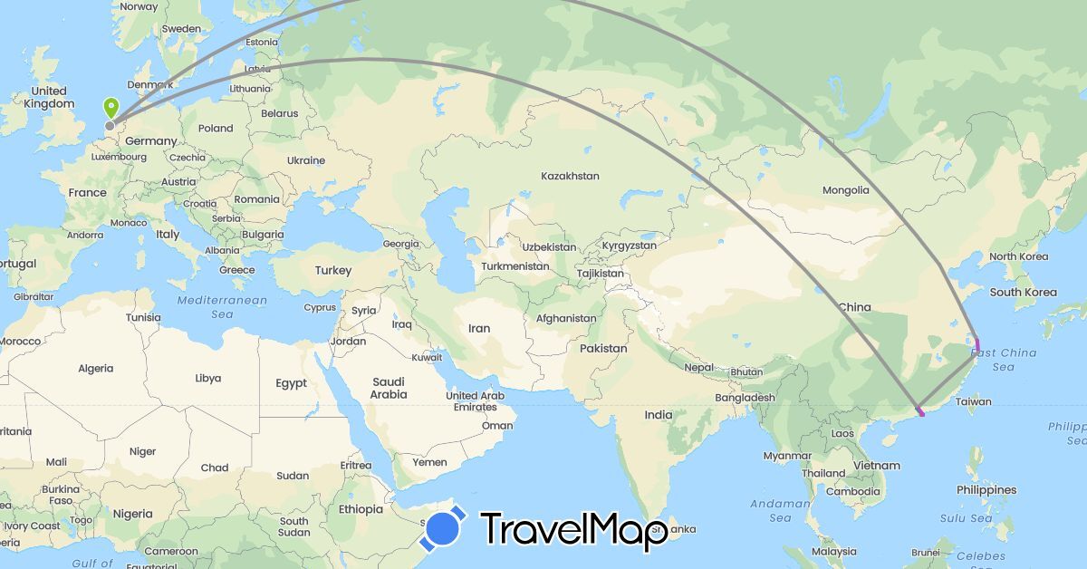 TravelMap itinerary: driving, bus, plane, train, hiking, electric vehicle in China, Netherlands (Asia, Europe)